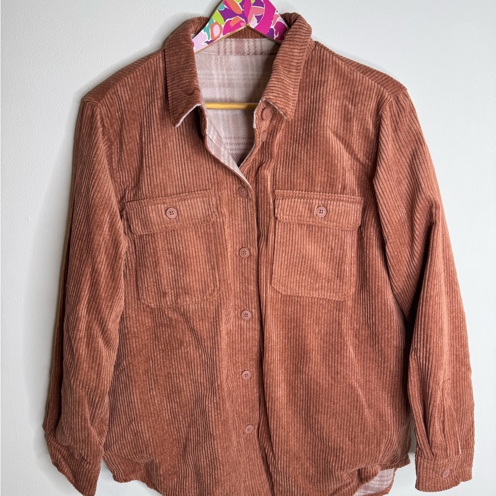 Love Tree | Reversible Corduroy Button-Up Jacket - Dark Orange, and Pink Plaid